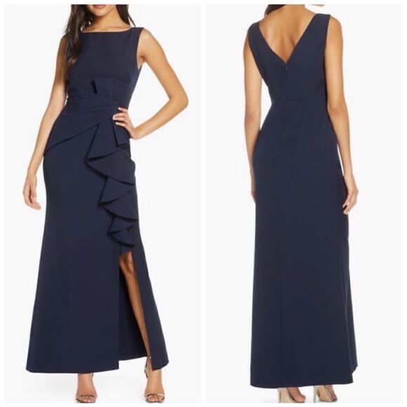 ELIZA J Ruffle Front Gown in Navy Blue size 6 - Picture 6 of 7